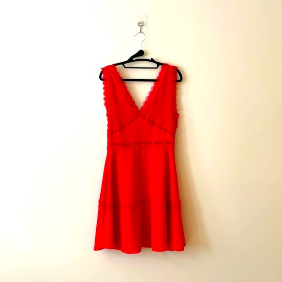The Kooples coral red lightweight v-neck lace trim cocktail dress size S - Picture 3 of 11